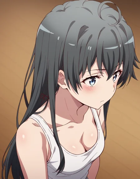 score_9, score_8_up, score_7_up, source_anime, <lora:yukino-yukinoshita-s2s3-ponyxl-lora-nochekaiser:1>, yukino yukinoshita, black hair, blue eyes, long hair,, <lora:downblouse-from-behind-ponyxl-lora-nochekaiser:1>, downblouse from behind, downblouse, from behind,, blush, tank top, white tank top, cleavage, from above, nape, head down, looking at viewer, looking back, looking up, sideways glance,,