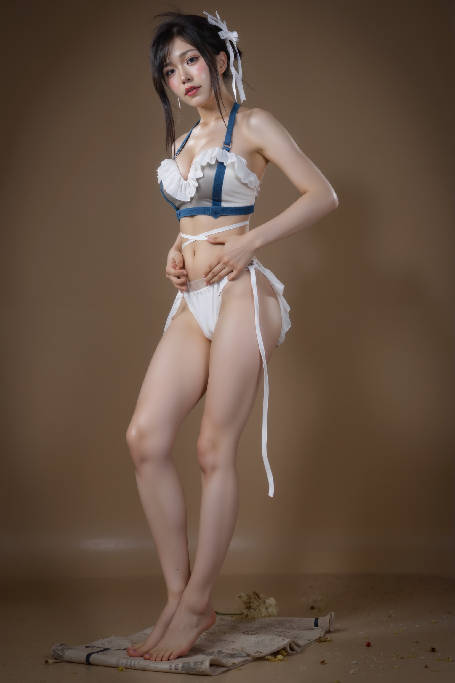 A professional, high-resolution image of a young woman is posed standing in a natural S-curve in the body silhouette. This classic posing technique creates visual interest and a sense of elegance.

She is wearing a blue and white SGWN98Clothing. Her makeup is dramatic, with dark eyeliner and bold, glossy pink lips. 

The lighting features a high-contrast, monochromatic white color scheme that creates a moody, intimate atmosphere. 

The photography technique uses what appears to be soft lighting to create a glamorous effect, with careful attention to highlighting contours while maintaining the dominant light brown color scheme throughout the frame.

The overall aesthetic combines elements of fashion photography, traditional Asian visual motifs, and contemporary boudoir styling. The dramatic light brown lighting creates a cohesive visual theme that ties all elements of the composition together.

The white light emit on her to show her feature.