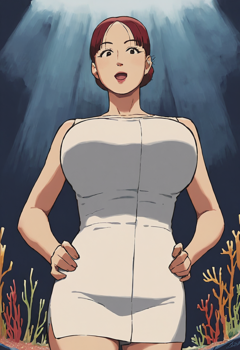 score_9, score_8_up, score_7_up, 1girl, large_breasts, mature_female, portrait, solo, looking_at_viewer, open_eyes, Standing with hands on hips, making a silly face, from_below, (Coral happi), short hair, bun, Strawberry Red hair, cave, feet_out_of_frame, rating_safe, <lora:pony\artist_styles\izayoi_no_kiki_pony:1.0>