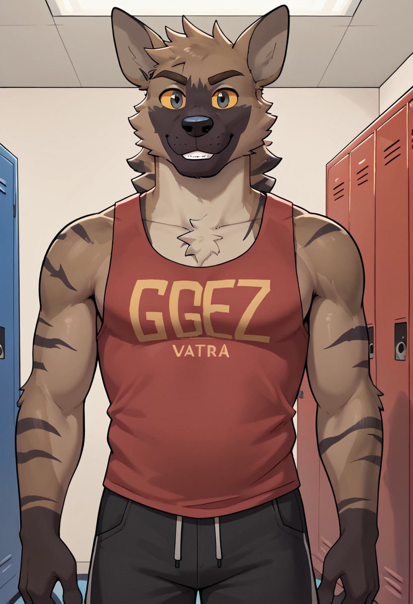 score_9, score_8_up, score_7_up, solo, 1boy, (Redlinevn), hyena, yellow sclera, (dark grey eyes), ((ggez yatta! text on red tank top)), black shorts, smiling, look at viwer, indoors, gym locker-room, locker open, hi res, 4k res, body movement, pupils shown, detailed eyes, eyes focus, perfect eyes, perfect face, best artwork, highly detailed