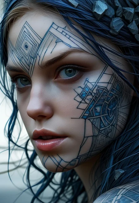 Rune tattoo on girls face, close-up, by Minjae Lee, Carne Griffiths, Emily Kell, Steve McCurry, Geoffroy Thoorens, Aaron Horkey, Jordan Grimmer, Greg Rutkowski, amazing depth, double exposure, surreal, geometric patterns, intricately detailed, bokeh,  perfect balanced, deep fine borders, artistic photorealism , smooth,  great masterwork by Suiras  <lora:add-detail-xl:2>  <lora:Double_Exposure:0.5>