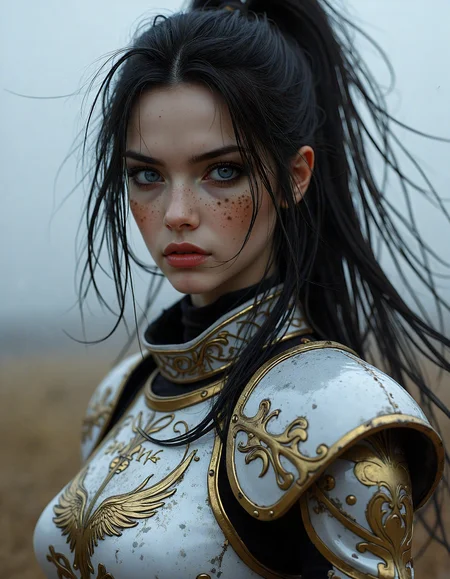 hyperrealistic art masterpiece, best quality, amazing quality, very aesthetic, absurdres, volumetric lighting, (dark mood masterpiece Photography:1.2), a mysterious slender woman with expressive blue eyes and bold eyeliner, she has sensuous lips, long messy black hair with white strands, windy, her face is covered with soot, dirt and sweat from a battle. she's wearing a shiny but partially damaged and scratched armour with a phoenix logo on the breastplate, white and gold color scheme, medium breasts.  The extreme realism focuses on her detailed skin, showing fine textures and natural highlights. photography masterpiece, modern, irresistible beauty, unusual composition, use of negative space, (rule of thirds composition), simmetry , mysteriouse, emotional, groundbreaking unrivaled opus with unrivaled details, highly detailed, hyper detailed photography, catchlights, eerie smoke and sparks floating in the air from a large blast in the background. . extremely high-resolution details, photographic, realism pushed to extreme, fine texture, incredibly lifelike