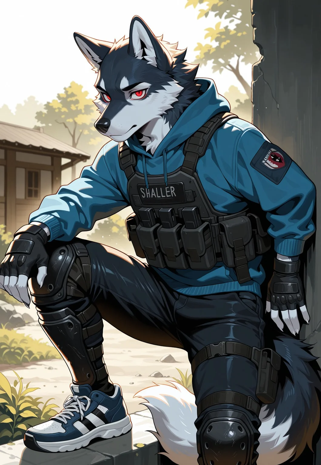 masterpiece,best quality, amazing quality,1boy, solo, fox, Furry wolf (black and white furr), fluffy tail, 5 fingers, Wolf Red eyes, black nose, sneakers, black jeans, blue hoodie, tactical body armor, hood, fingerless gloves, knee pads and shin guards, stalker style.