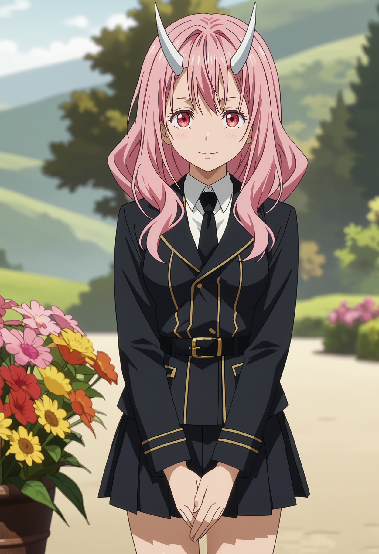 score_7_up, anime screencap,
<lora:TenSura_ShunaXL:0.9>,
1girl, solo, light smile,
long hair, pink hair, pink eyes, white horns,
ShunaMilitary, black jacket, black necktie, black belt, pleated skirt, black skirt,
own hands together, thigh gap, looking at viewer, cowboy shot,
blurry background, outdoors