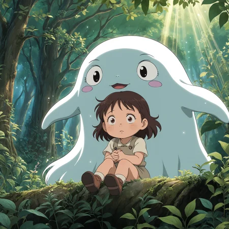 anime screencap, anime, thick outlines, (studio ghibli:1.5),
a chibi Whimsical ghost, comforting a chibi , photorealistic, dense foliage, detailed greenery, soft light rays, serene ambiance, ultra-high resolution, natural color palette, cinematic shot, close-up view, medium shot, wide-angle view, low-angle shot, high-angle shot, expressive faces, smooth textures, gentle glow, mystical atmosphere, balanced composition, dynamic flow, tranquil setting, tender interaction, enchanted forest