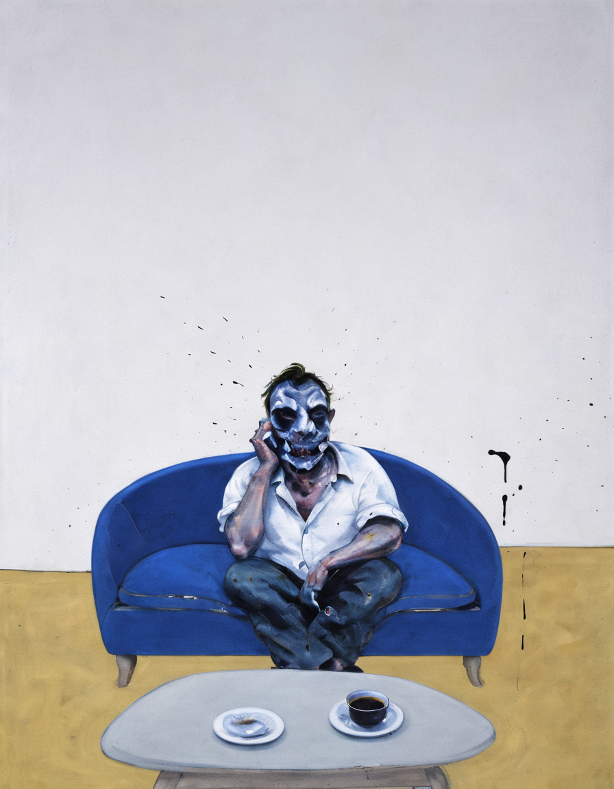 <lora:fbac:0.6>fbac, man with distorted face sitting on blue couch with pillows resting feet on coffee table with ash tray, yellowish floor, white wall, black ink splash