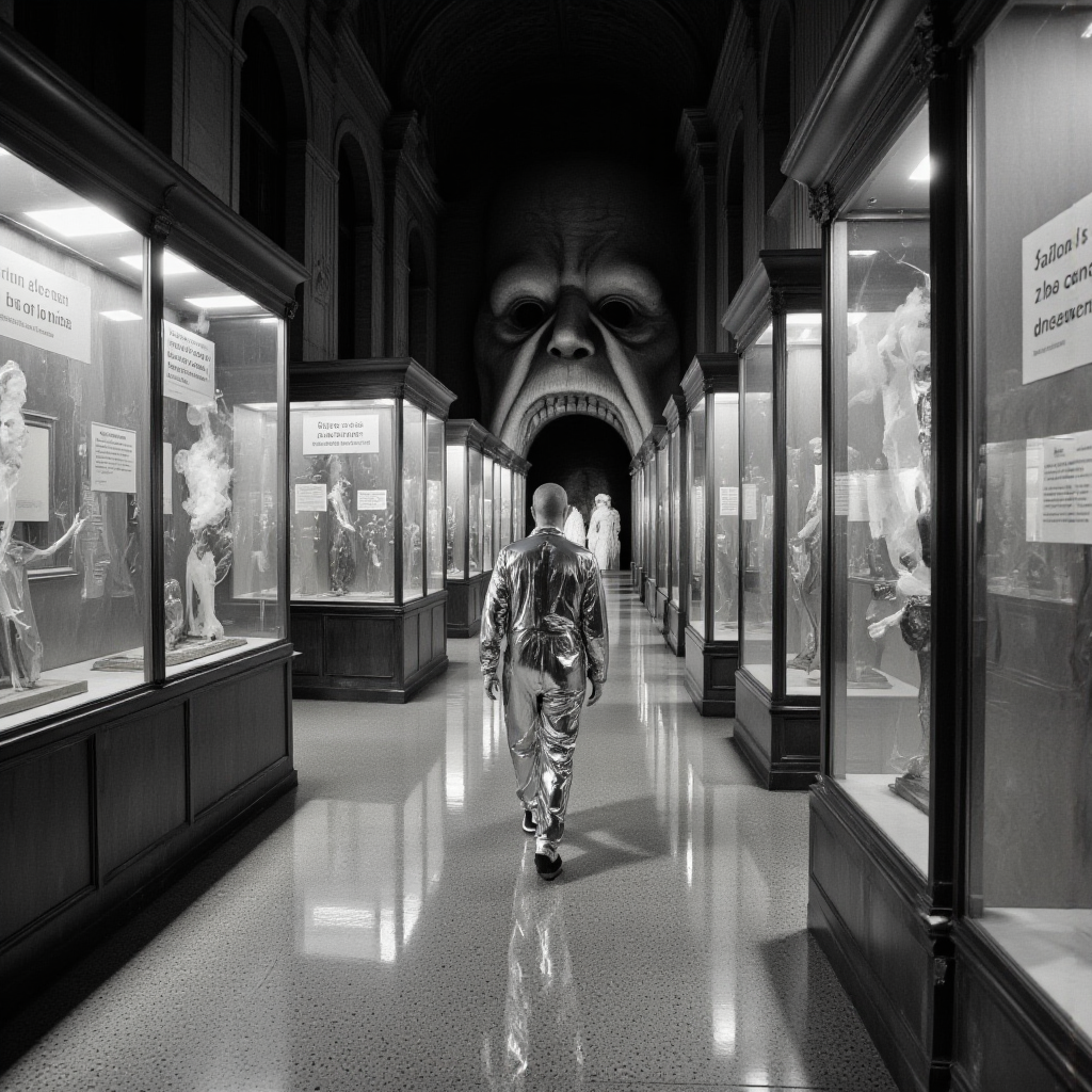 <lora:lora-DuoTone, Bleaked White_trained:1>DuoTone, Bleaked White, an endless gallery filled with glass cases, each containing a single spoken sentence frozen in midair, visible like smoke trapped in time. A visitor dressed in a suit of mirrors walks past exhibits labeled with phrases they cannot read, their reflection disappearing with each step. In the distance, a giant mouth carved from marble silently screams, but no sound escapes.