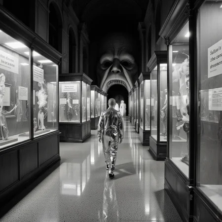 <lora:lora-DuoTone, Bleaked White_trained:1>DuoTone, Bleaked White, an endless gallery filled with glass cases, each containing a single spoken sentence frozen in midair, visible like smoke trapped in time. A visitor dressed in a suit of mirrors walks past exhibits labeled with phrases they cannot read, their reflection disappearing with each step. In the distance, a giant mouth carved from marble silently screams, but no sound escapes.