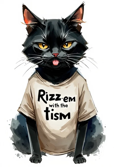 Watercolor painting of a black haired cat wearing a tshirt that says "Rizz em with the tism". derpy look on the cats face. tongue out and cross eyed