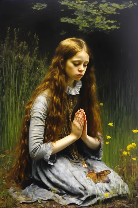 John Everett Millais Style - oil on canvas painting by John Everett Millais and yigal ozeri and John William Waterhouse, paint texture, a girl praying, conceptually cross pollinated with jg ballards crash and zulawskis possession. Infused with a myriad of subliminal messages and double meanings