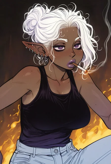 masterpiece, best quality, amazing quality, very aesthetic, absurdres, (tsuda nanafushi:0.6), fantasy,
1girl, solo, cute, (drow:1.1), elf, purple skin, dark-skinned female, (dark skin:1.2),  white hair, messy hair bun, big lips, purple eyes, tanktop, highwaisted jeans, ear piercings, mature female, medium tits, smoking, mouth hold, cigarette, 
 <lora:INCASE_v2.0:0.5> , BSSINCASE, <lora:LDSCH:0.7> , LDSCH Style, aesthetic,