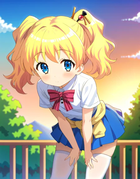 score_9, score_8_up, score_7_up, rating_sensitive, uncensored, source_hentai, source_anime, rating_explicit, (4 finger:0.5), (embedding:zPDXLxxx:1) BREAK volumetric lightning,detailed skin texture,detailed,volumetric shadow BREAK pinup of 1girl, (girl:1.2), 1girl, solo, alice cartelet, hair ornament, white collared shirt, short sleeves, striped bow, blue pleated skirt, white thighhighs, sweater around waist, outdoors, sunset, sky, looking at viewer, leaning forward,