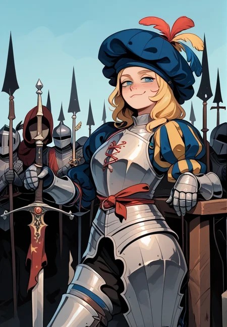 1girl, blonde hair, smug, grin, full armor, knight, french, landsknecht <lora:Landsknecht:1> landsknecht, weapon, sword, hat, armor, 1girl, puffy sleeves <lora:Gothic:1> 1gothic1,