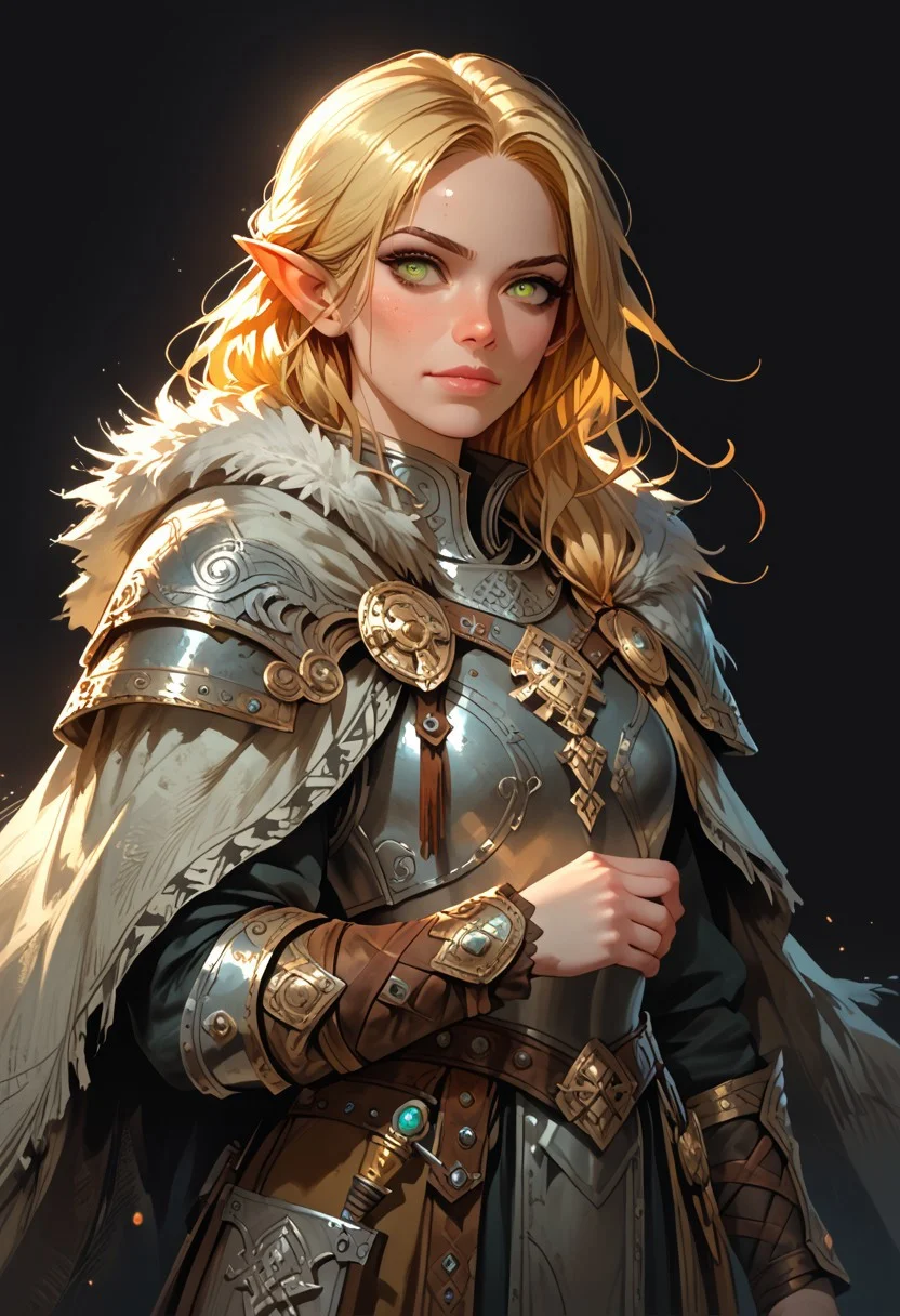 score_9, score_8_up, score_7_up, woman, simple background, black background, princess, noble, yellow eyes, gorgeous, elf, fur outfit, (viking outfit), slavic outfit, pale skin, solo, (black and silver armour), elven ornaments, fur cloak, primeval jewelry, standing up straight, calm face, green eyes, golden hair, mature, closed mouth, cowboy shot
