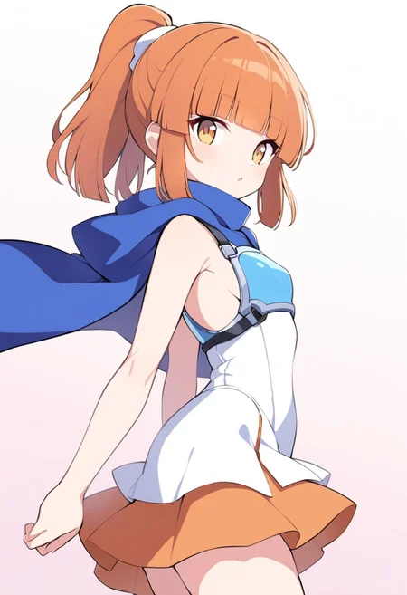 (Arle Nadja from puyopuyo), 1girl, ((((darkorange hair)))), high ponytail, (((((Blunt bangs))))), ((((small breast)))), (golden eyes), (((Loose white one-piece skirt))), (blue cloak), (Blue breastplate),
from side,
cowboy shot, gym uniform, arle nadja,
