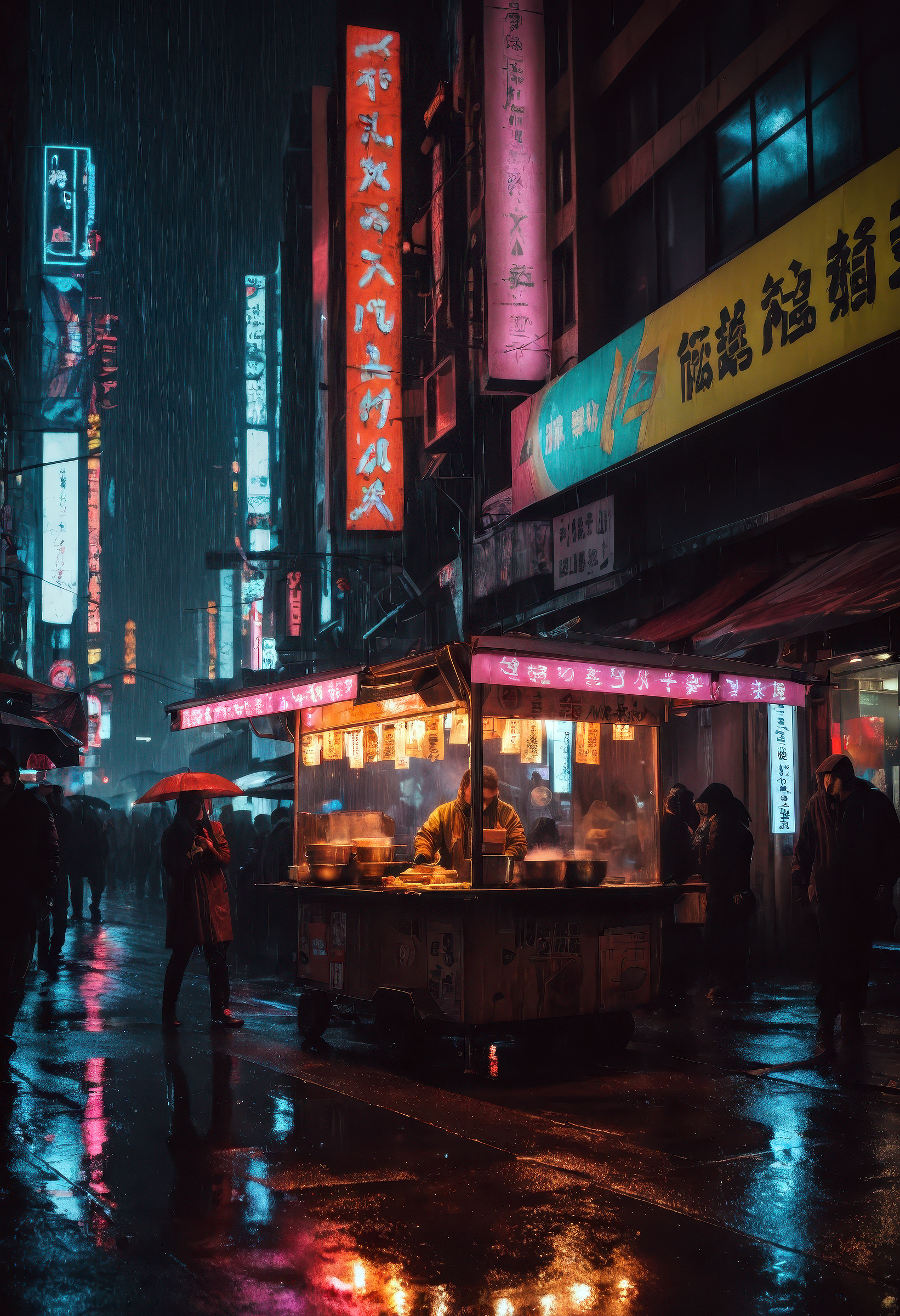 (((Photographic, photo, photorealistic))), extremely high detail and ultra high quality, RAW color image of a cyberpunk dystopian mega city at night in the rain, illuminated by vibrant neon signs and flickering holographic advertisements, reflections shimmering across the wet pavement, crowds in futuristic attire moving through the dense street scene, steam curling from a weathered ramen stall glowing under neon, a grimy ramen vendor with glowing cybernetic tattoos serves bowls under flickering signage, glowing chopsticks stir steaming broth with precision, a sleek chrome taxi glides past with sharp glowing headlights, massive skyscrapers tower into the rain-soaked sky, casting long, oppressive shadows, colors swirl in a kaleidoscope of motion and light, capturing the chaotic yet electric energy of the city, cinematic atmosphere, photojournalistic quality with a sense of constant movement and saturated urban grit