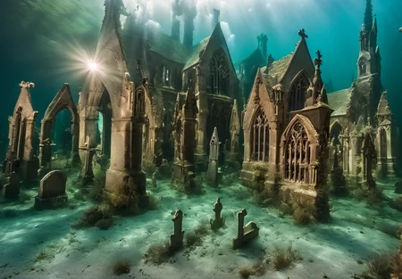 photo of underwater landscape, town, graveyard, <lora:underwatergothic:1>sc_uwg