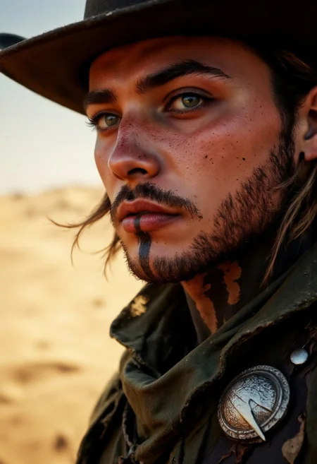 By Laura H. Rubin, A dramatic close-up of a athletic cowboy’s face, his sun-kissed skin carrying the faint, weathered sheen of countless days under the open sky. Strands of windswept, dust-streaked hair escape from beneath the wide brim of his worn, dark hat, its edges frayed by time and travel. His sharp, confident eyes—deep and luminous—reflect the smoldering hues of a desert sunset, a mesmerizing mix of amber and burnt sienna, hinting at both a reckless past and an unshaken will. A bold Native American chin-tattoo—intricate, symbolic—runs across his chin, its deep lines etched into his skin like an unspoken legend, an echo of a past that still breathes through him. The soft fabric of his weathered green duster flutters slightly in the breeze, its tattered edges catching the dim, dusty light that filters through the swirling air. A silver concho, worn and scratched, fastens his gun belt, its ornate engravings glowing faintly with a forgotten history, casting delicate shadows that dance across the hard planes of his jawline. The atmosphere is thick with cinematic depth—shafts of golden light pierce through the ochre dust storm rolling in from the horizon, illuminating his face in a soft yet commanding glow. Particles of sand swirl in the air, catching the light momentarily as they drift, enhancing the layered realism of the moment. His expression is resolute, his lips curled into a mischievous grin, the subtle smirk of a man who’s seen both trouble and triumph. R3alisticF