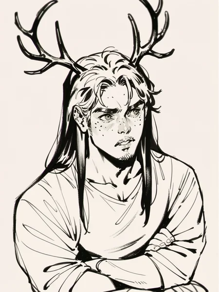 score_9, score_8_up, score_7_up, score_6_up, score_5_up, score_4_up, man, long hair,  <lora:w3ssb3ch3rXLP:1> w3ssb3ch3r, sketch, (facial hair:0.5), antlers