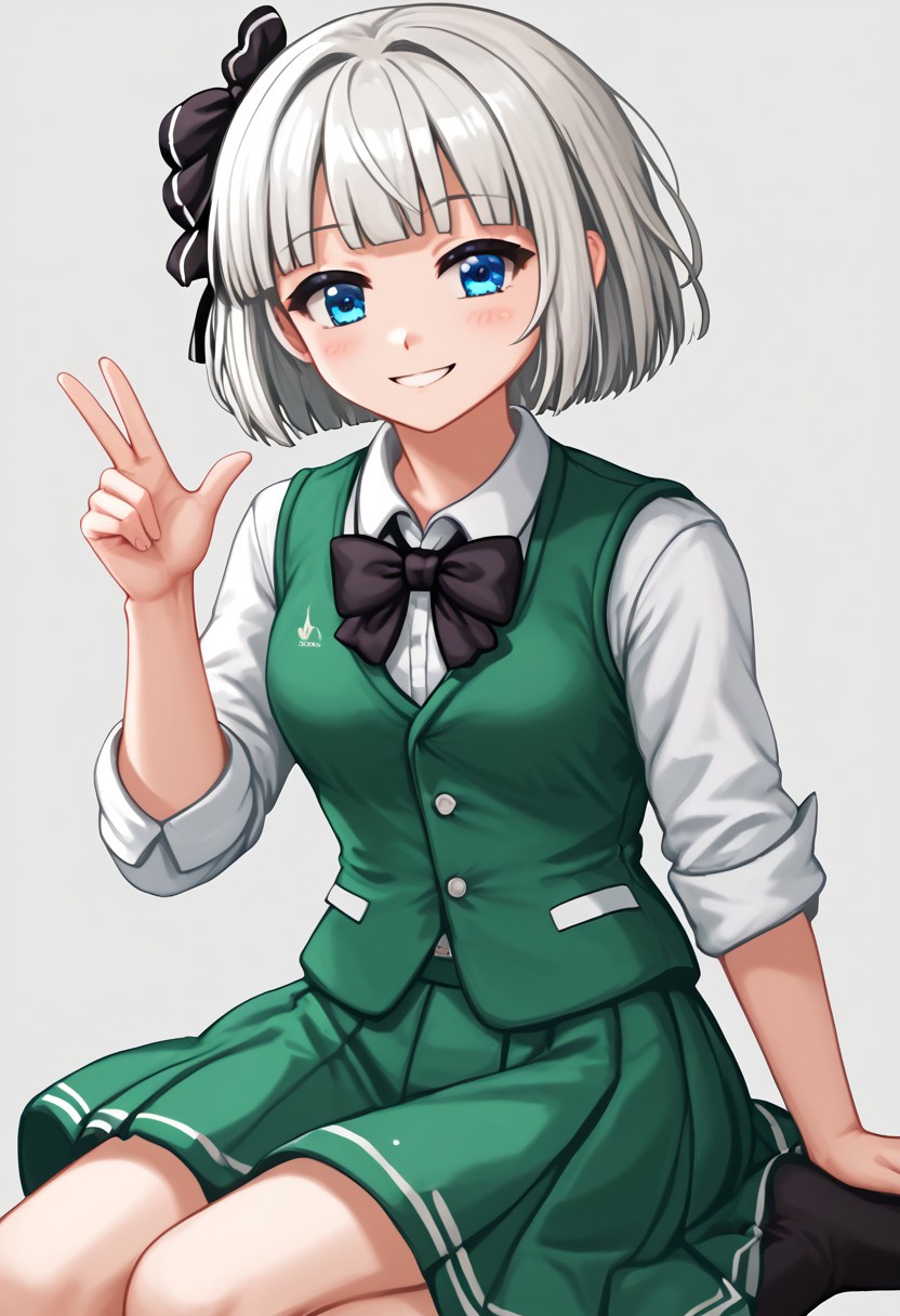 score_4,score_5,score_6,score_7_up,score_8_up,score_9
((masterpiece,best quality,ultra detailed,highres,HD,4k:1.2)),
1 cute girl,solo,
konpaku youmu, 1girl, white hair, short hair, blunt bangs, blue eyes,
((Bob cut,hair ribbon, black ribbon, black bowtie)), white shirt, collared shirt, green vest, green skirt, socks,
smile,