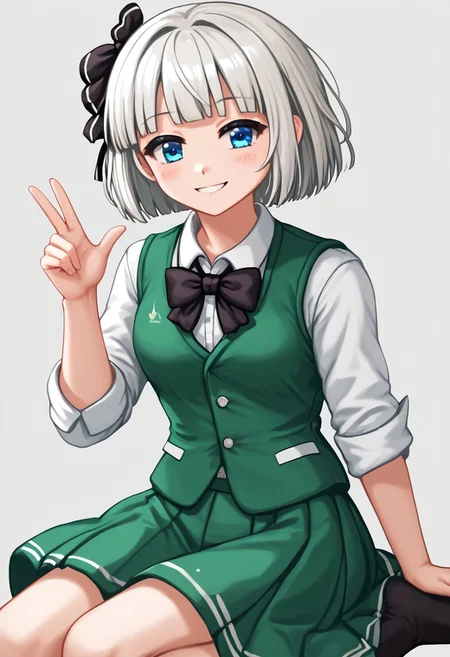 score_4,score_5,score_6,score_7_up,score_8_up,score_9
((masterpiece,best quality,ultra detailed,highres,HD,4k:1.2)),
1 cute girl,solo,
konpaku youmu, 1girl, white hair, short hair, blunt bangs, blue eyes,
((Bob cut,hair ribbon, black ribbon, black bowtie)), white shirt, collared shirt, green vest, green skirt, socks,
smile,