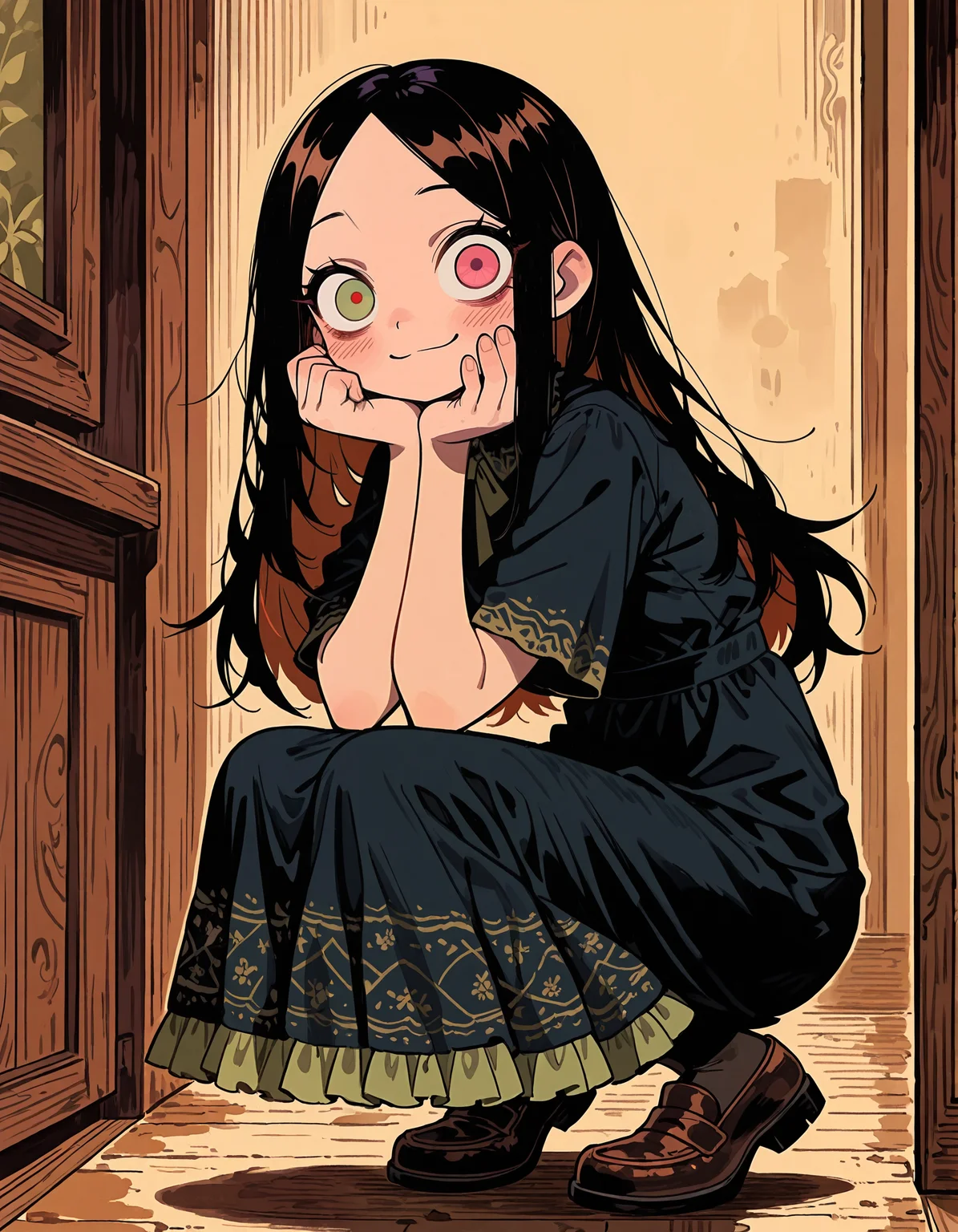 masterpiece, newest, incredibly absurdres, highres, <lora:3Y3S_style:1>,3Y3S_illu,toon \(style\),1girl,traditional media, dress, heterochromia, long hair, black hair, smile, squatting, blush, green eyes, black dress, looking at viewer, pantyhose, short sleeves, red eyes, frills, closed mouth, frilled dress, pink eyes, solo, hand on own face,sepia,