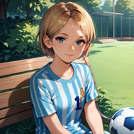 anime coloring, score_9, score_8_up, score_7_up, score_6_up, Sarah-Miller, TLOU, 1girl, solo, looking at viewer, short hair, shirt, blonde hair, blue soccer uniform, sitting, vertical white striped shirt, at the park, upper body. goalie, posing