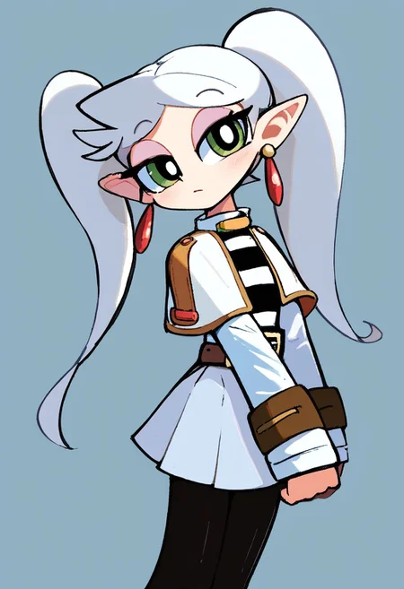<lora:powerpuff_girls_Kim_Crab_style:1>powerpuff <lora:ChamFrierenPonyXL:1> Frieren,green eyes,white hair, long twintails, earrings,small chest, flat, white capelet, striped shirt, long sleeves, belt, white skirt, black pantyhose, Score_9, Score_8_up, Score_7_up, Score_6_up, Score_5_up, Score_4_up, BREAK,1girl in full growth, best quality, masterpiece, ultra-detailed, high quality,good quality,1 girl,(master piece,high resolution, ultra detailed,8K,16K),look at viewer, parted bangs, thin long twintails down passed butt, stringy hair,