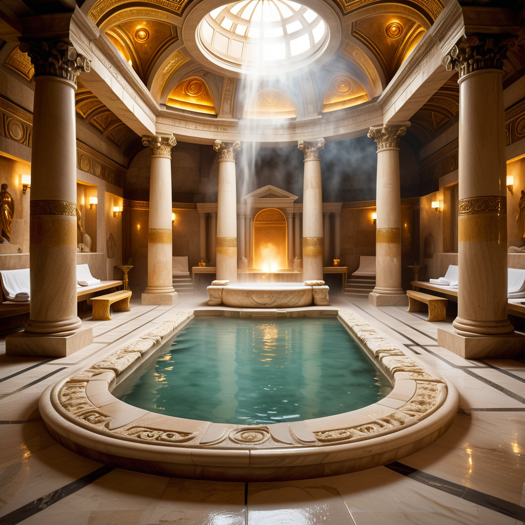 A highly detailed and realistic photograph of an ancient Roman sauna (thermae) from the time of Caesar, featuring grand marble architecture with intricate carvings and columns. The central bath is filled with steaming water, surrounded by polished marble tiles and mosaics depicting mythological scenes. The room is illuminated by natural light streaming through small openings in the high, domed ceiling, creating soft shadows and reflections on the water's surface. The atmosphere is hazy from the steam, and a few individuals dressed in Roman togas and tunics can be seen reclining on benches or chatting near the bath. The overall color palette includes shades of white, gold, and earthy tones, emphasizing the luxurious and serene environment.<lora:SDXLFaeTastic2400:0.4> <lora:extremely_detailed:0.4> extremely detailed, Masterpiece,best quality,hi res,8k,hi res,8k,award winning,(sharp focus, intricate, highly detailed),