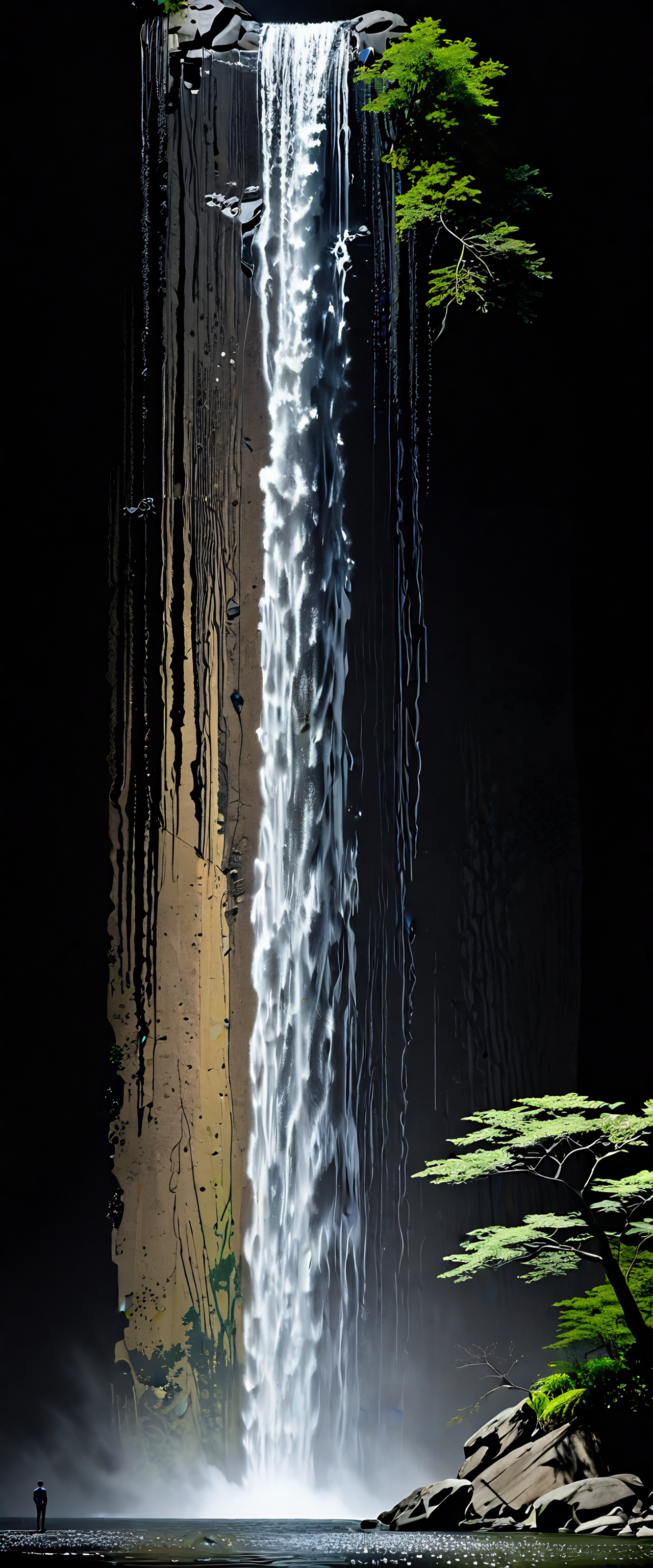 immaculately designed, interspecies interaction, impeccable craftsmanship, angles, grace and strength, ryoji ikeda style, rooted in mutual understanding, distinctive color palette, geometric patterns subtly used, stippling hatching techniques, humanoid features, elegant pose, the presence of a breathtaking waterfall, casting enchanting shadows behind the characters, evident in every nuanced line and curve, ryoji ikedas influence manifests in the sharpness of lines, subtle references to genderswapped versions, an anthropomorphic bluetongued skink character posing elegantly