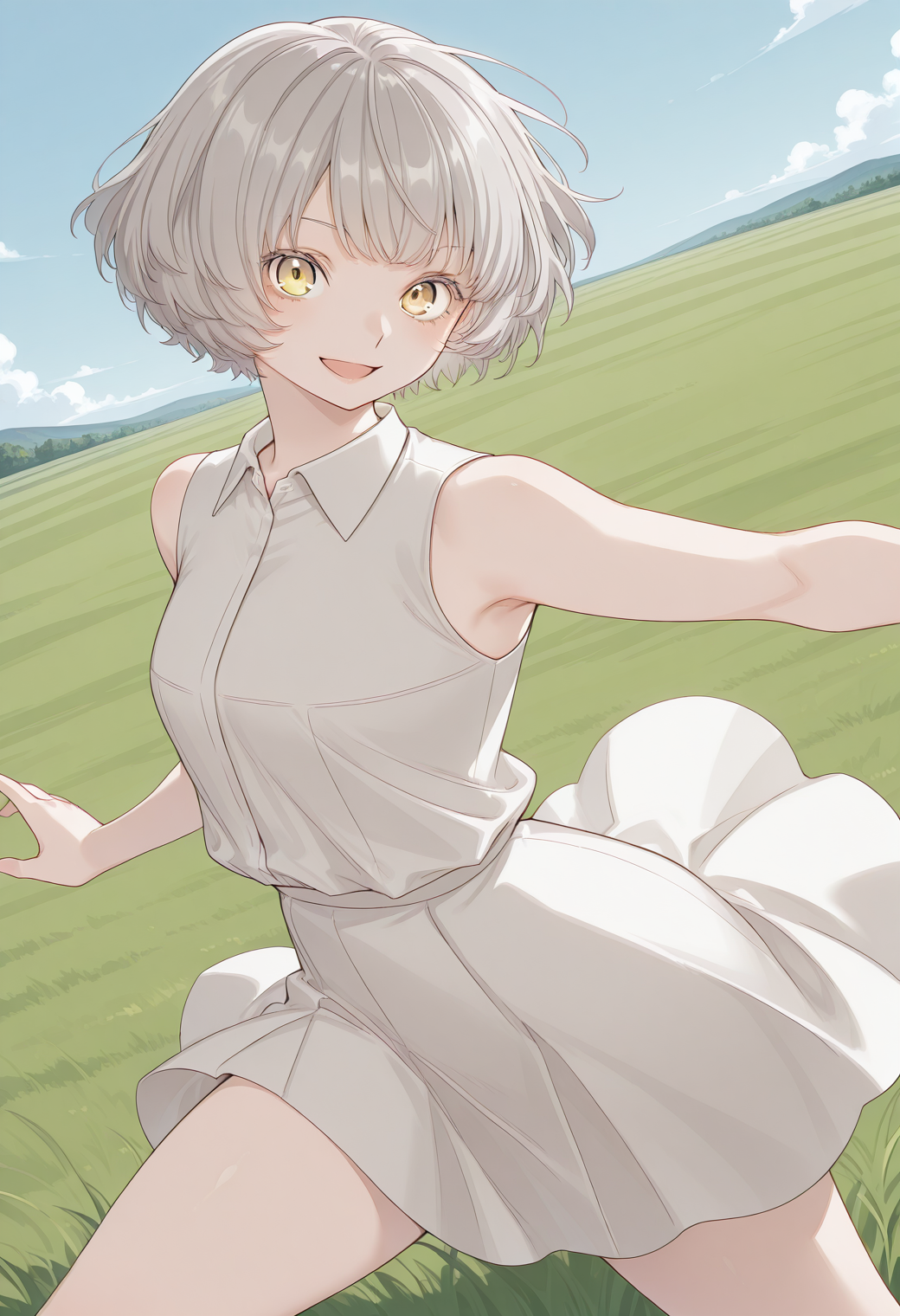 momoshiro_chiyoko, yellow eyes, grey hair, short hair, collared shirt, sleeveless, white skirt, <lora:momoshiro_chiyoko_illustrious_ver2:0.8> 
smile, open mouth, cowboy shot,, masterpiece, best quality, sensitive,, 1girl, solo, blue sky, (grasslands:1.2), looking at viewer,, (dynamic pose:1.4), (upside-down:-1),