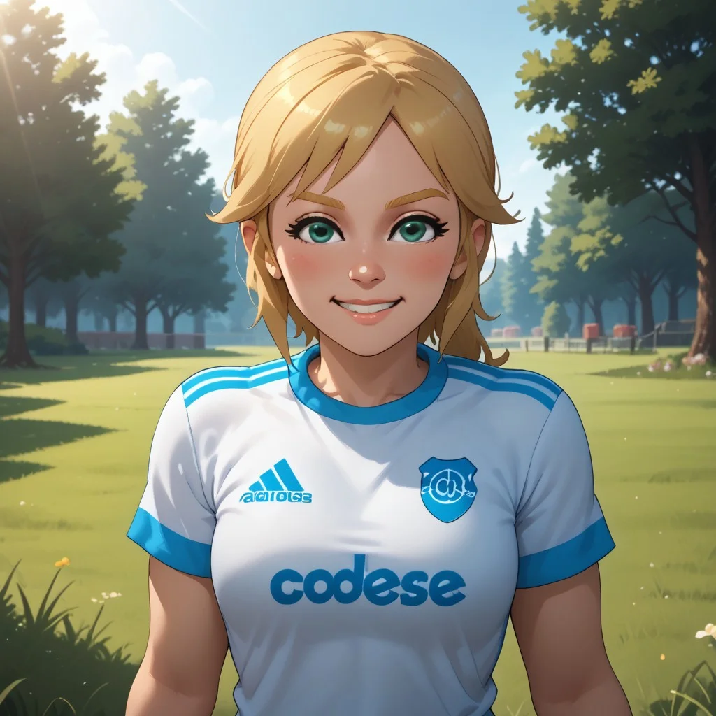 score_9, score_8, BREAK, solo, wii, mii, wii sports, 1girl, female mii, green eyes, blonde hair, blonde eyebrows, blush, RiverPlate, striped shirt, striped, shirt, white shirt, short sleeves, clothes writing, sportswear, soccer uniform, white pants, shoes, nintendo mii, modern_mii, classic_mii, breasts, olga_(wii_sports), cute, sexy pose, self portrait, smile, outdoors, sunlight, shadows, evening lighting, natural lighting, forest, trees, grass, orange sky, sunset