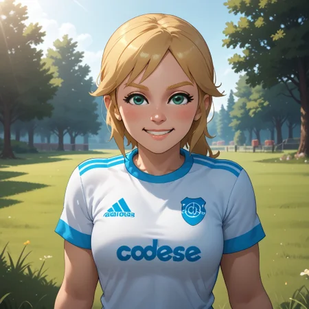 score_9, score_8, BREAK, solo, wii, mii, wii sports, 1girl, female mii, green eyes, blonde hair, blonde eyebrows, blush, RiverPlate, striped shirt, striped, shirt, white shirt, short sleeves, clothes writing, sportswear, soccer uniform, white pants, shoes, nintendo mii, modern_mii, classic_mii, breasts, olga_(wii_sports), cute, sexy pose, self portrait, smile, outdoors, sunlight, shadows, evening lighting, natural lighting, forest, trees, grass, orange sky, sunset