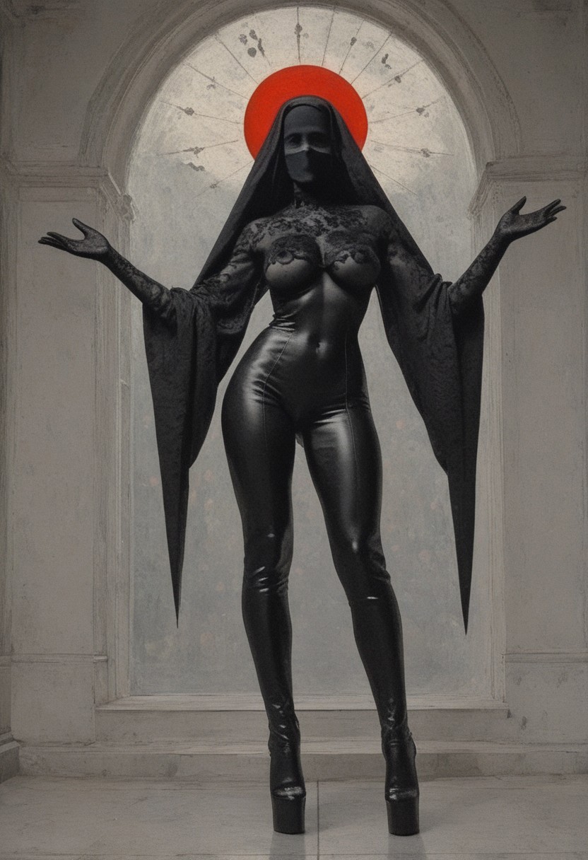 ((score_9, score_8_up, score_7_up)), (((character design, sci-fi warrior women, feminine power, perfect anatomy))), 
An enigmatic figure of a (satanic)nun(caucasian), her (dark habit_catsuit covers all her skin), conducting a sensual satanic ritual inside a dark cathedral during night under a red eclipse. Her (eyeless)mask, elaborate crown, (fully)conceals her identity, adding to her mystique and allure. gold stiletto platform thigh boots, big breasts, underboobs, tiny waist, flat abs, naughty, looking at viewer, seducing with her body, dancing towards viewer with her arms posing, sexy ass seductive wide hips, butt cheeks, twerk, huge perky breasts, in the style of a vintage, high-contrast setting. Emphasize theatrical elements with extreme opposition of bright colors against dark, moody backgrounds, under a dark red sky
,big butt, booty, bubble butt, black tape <lora:add-detail-xl:2>