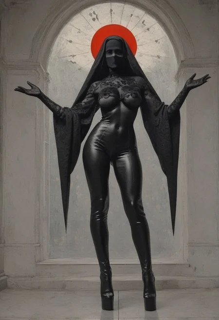 ((score_9, score_8_up, score_7_up)), (((character design, sci-fi warrior women, feminine power, perfect anatomy))), 
An enigmatic figure of a (satanic)nun(caucasian), her (dark habit_catsuit covers all her skin), conducting a sensual satanic ritual inside a dark cathedral during night under a red eclipse. Her (eyeless)mask, elaborate crown, (fully)conceals her identity, adding to her mystique and allure. gold stiletto platform thigh boots, big breasts, underboobs, tiny waist, flat abs, naughty, looking at viewer, seducing with her body, dancing towards viewer with her arms posing, sexy ass seductive wide hips, butt cheeks, twerk, huge perky breasts, in the style of a vintage, high-contrast setting. Emphasize theatrical elements with extreme opposition of bright colors against dark, moody backgrounds, under a dark red sky
,big butt, booty, bubble butt, black tape <lora:add-detail-xl:2>