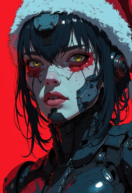 <lora:ck-nc-luminal-genesis:1>, close-up shot of a dressed in futuristic hard surfaced dark sci-fi, slightly oval cross section look, battle scratched armor, a santa suit, mysterious white skin mexican wabi-sabi female santa clause mercenary battle droid humanoid woman with a lot of mechanical parts looking at the viewer, highly detailed Mayhem style , background bizarre techno ghetto transmission, style minimalist, conceptual art posing Japanese, conceptual, illustration, cinematic, photo epic action, cinematic, award winning artwork, many details, patterned illumination, bad VHS tape image artifacts, anime style, key visual, vibrant, studio anime, neon red palette,
<lora:Anime v1.3:0.2>
<lora:CPA:0.4>