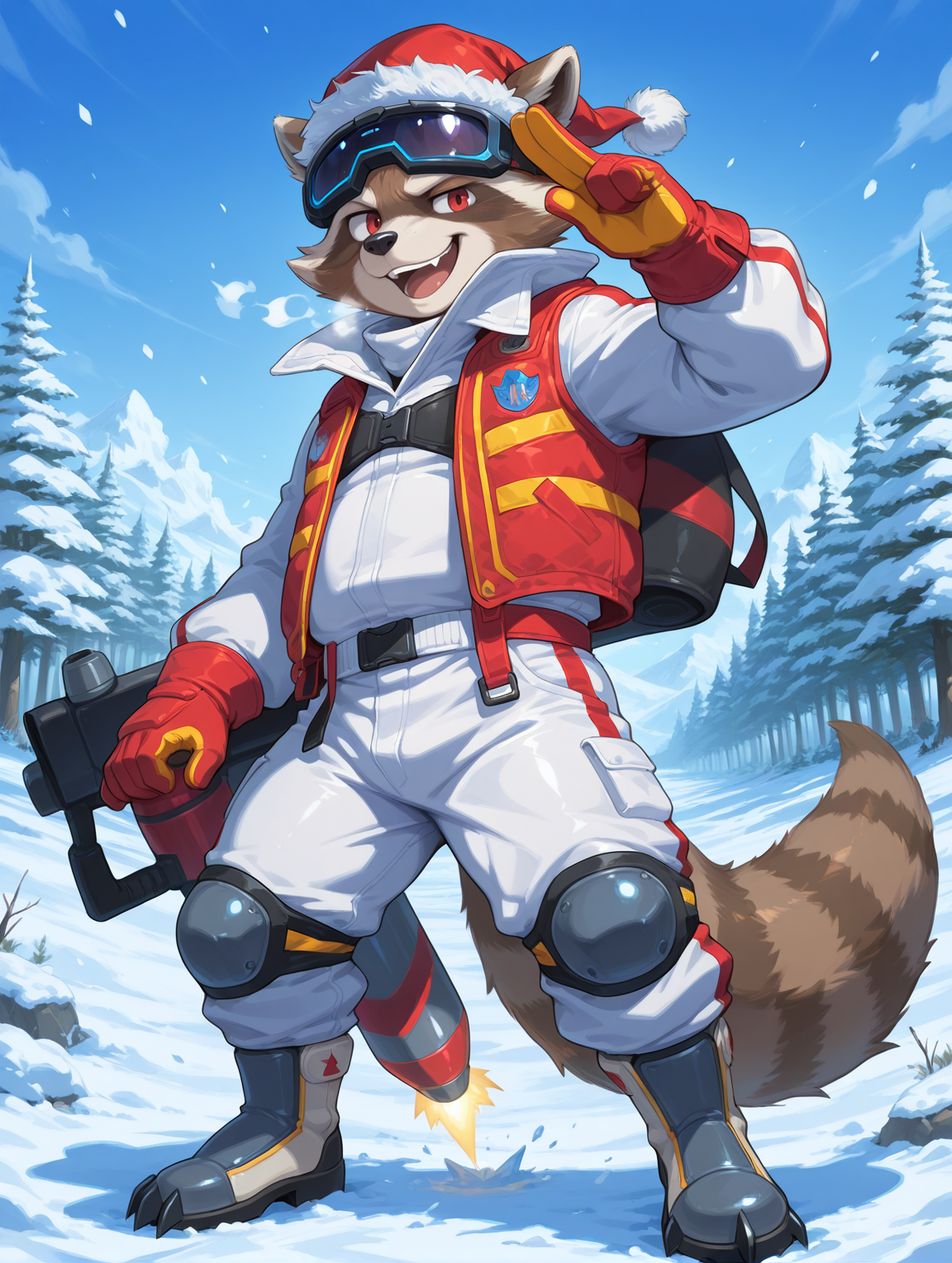 <lora:Rocket Raccoon-ChristmasSkin-illustriousXLNEW-000012:0.8>,rocket raccoon,furry,1boy,solo,plump,furry male,male focus,raccoon,red eyes,seductive_smile,winter combat uniform,goggles,pants,crampon boots,santa hat,gloves,open mouth,two finger salute,tail,christmas,snow,ice,nature,full body,digital painting,artwork,anime style,masterpiece,best quality,amazing quality,