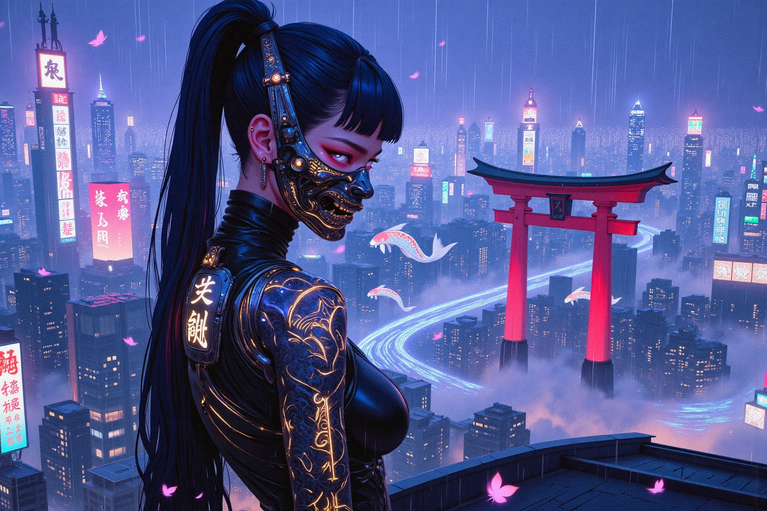 A breathtaking cyberpunk kunoichi with striking white eyes, Extremely beautiful and detailed face, their glow resembling the hypnotic shimmer of a neon-lit Tokyo night. Her sleek, electric-blue hair is styled into an elegant high ponytail, she is wearing A detailed, holographic hannya mask on the side of her head and covering half of her face, flickering between digital transparency and a menacing demonic visage.  

She wears a high-tech, form-fitting bodysuit infused with traditional Japanese elements—textured like woven silk yet reinforced with advanced nanofiber plating. Subtle neon kanji symbols glow along her sleeves, shifting dynamically between protective spells and encoded messages. A cybernetic samurai-style shoulder guard glows faintly with intricate golden circuits, and her arms bear elegant, programmable tattoos depicting ancient dragon motifs that pulse with an otherworldly light. Her left arm is fully cybernetic.

She stands poised atop a sleek, rain-slicked rooftop in Neo-Tokyo, her silhouette illuminated by the vibrant holographic billboards below. Towering red torii gates, repurposed as neon-lit entryways to digital temples, cast an ethereal glow against the foggy skyline. In the distance, enormous holographic koi fish glide gracefully through the air, swimming through rivers of data streams cascading from floating megastructures.  

A gentle rain drizzles over the neon city, each drop glowing momentarily as it touches her suit, the reflections forming a dreamlike cybernetic ukiyo-e painting. Cherry blossom petals, enhanced with bioluminescent nanotech, drift through the air, mixing with the neon haze. She smirks with quiet confidence.

A stunning fusion of **traditional Japanese aesthetics and cyberpunk futurism**, captured in ultra-detailed, hyper-realistic **8K resolution**. Cinematic lighting, neon-drenched atmosphere, breathtaking visuals, infused with deep Japanese cyberpunk lore.  


Art in the style of Yomu_Yakadashi.

EpicGorgeousDetails, cinna flow, 8k detailed neon themed digital illustration style, 8uartz4r4