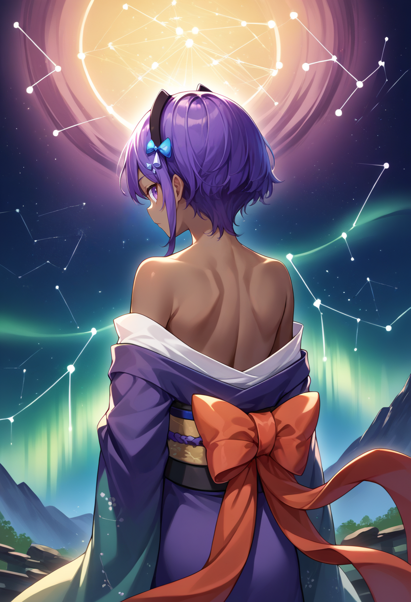score_9, score_8_up, source_anime, HassanOfSerenity, dark-skinned female, purple hair, purple eyes, short hair, black hairband, aurora, back, bare back, bare shoulders, bow, constellation, from behind, hair ornament, kimono, light particles, long sleeves, off shoulder, <lora:ChamHassanOfSerenityPonyXL:1>