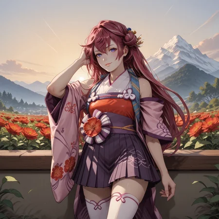 safe_pos, safe_pos, safe_pos, safe_pos, safe_pos, safe_pos, safe_pos, score_9, score_8_up, score_8, score_7_up, score_7, ExpressiveH, full body
BREAK
1girl, solo, Botan, blue eyes, pink hair, red hair, bangs, hair ornament, long hair, hair bun,defaultbotan, japanese clothes, flower, skirt, thighhighs, broad hips, looking at viewer, head tilt, seductive look, aroused, horny, standing, oiled skin, hand in hair, looking at viewer, lips parted, blushing, mischievous smile
BREAK
Garden, sunset, orange sky, purple sky, mountainous horizon