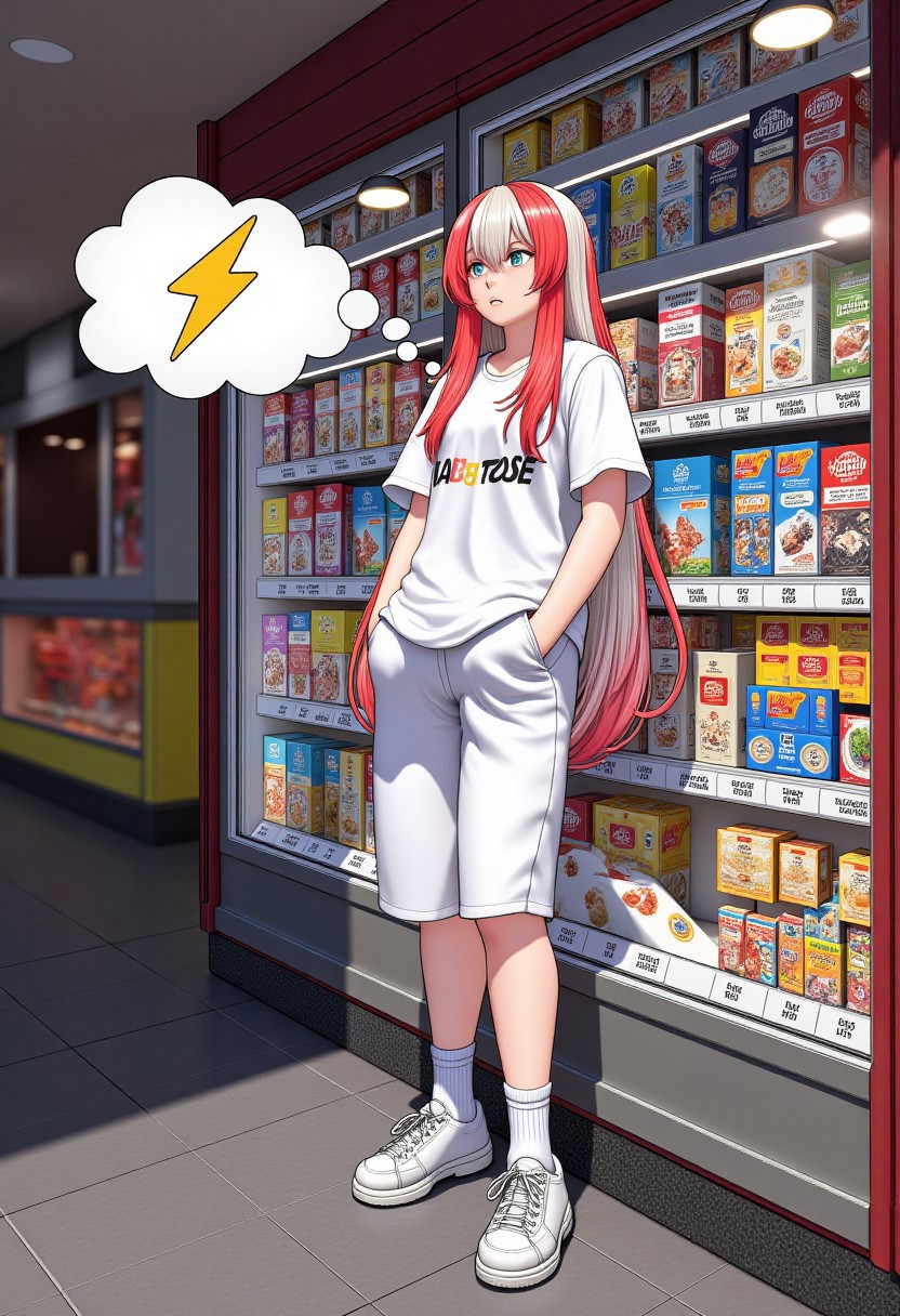 masterpiece, detailifier, source anime detail eyes, high resolution, high definition, 4k, great details, detailed, high detailed, girl with long white and red hair, white sports shirt and long sports shorts, white socks, old tennis shoes, would be looking at a display case which sells various products, these would have their price (randomly over 1000) and with a small yellow buzz symbol (yellow lightning), replacing the dollar symbol, the display case would be very well decorated and detailed, from the girl would come out a cloud that represents her thought which has an empty wallet and next to it a yellow buzz symbol (yellow lightning), hair simulating movement, detailed hair, detailed image