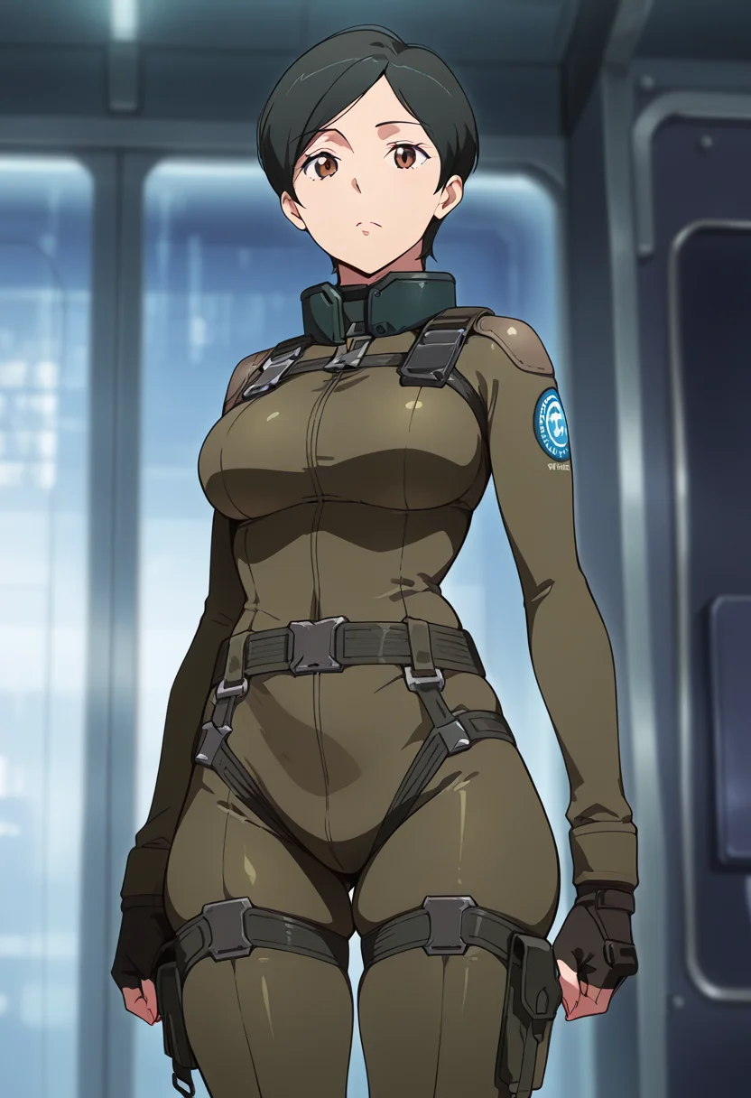 masterpiece, best quality, amazing quality, very aesthetic, absurdres, newest, illustration, perfect composition, intricate details, highres, anime coloring, 1girl, solo, (cowboy shot:1.2), kaoruww, mature female, brown eyes, black hair, short hair, neck guard, breasts, bodysuit, belt, fingerless gloves, black combat boots, looking at viewer, shiny body, shiny skin, skindentation, clear skin, shiny hair, ultra detailed eyes, depth of field, sharp, intricate details, hyperdetailed, ultra-detailed, detailed clothing folds, high contrast, dynamic light <lora:Mizusaki_Kaoru_Aldnoah_Zero_ill_v1.1:1>
