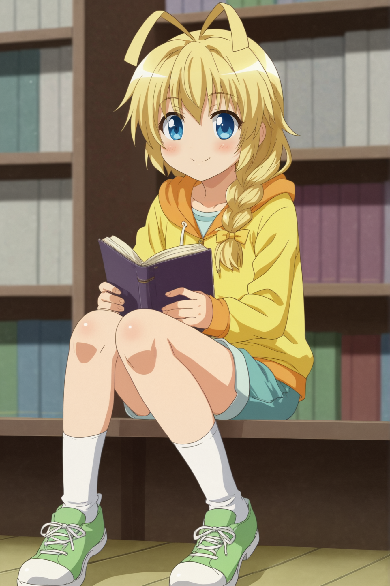<lora:Hasuta:0.7>  Hasuta, solo, blush, smile, bow, sitting, full_body, male_focus, shorts, shoes, socks, hood, book, hoodie, transparent_background, otoko_no_ko <lora:sdxl_lightning_4step_lora:1>