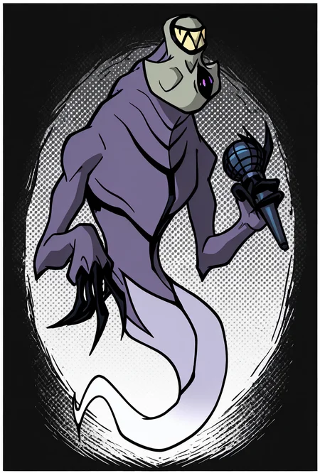 <lora:zskayr-10:1> zskayr, no humans, solo, monster, teeth, black claws, pokemon (creature), single purple eye, , purple skin, sharp teeth, , black sclera,, ghost tail, full body, no legs, dynamic pose, <lora:17bucks_Style_Illustrious:1> 17bucks, gradient color, 2d, standing, holding microphone, full body ,, upper body, halftone effect, white borders, abstract background:1.2,, masterpiece, best quality, amazing quality, very aesthetic, absurdres, newest,