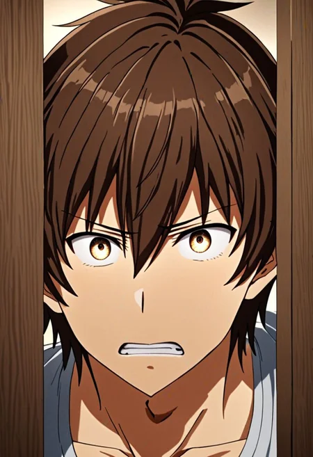 high resolution, solo, best quality, 1Boy, Seiya Kanie, Brownish Hair, surprised, peeking out, OverallDetail
