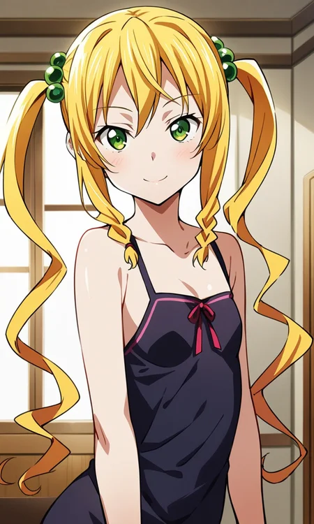 1girl, himegamikodama, green eyes, blonde hair, small breasts, 
looking at viewer, closed mouth, light smile, 
indoors, 
masterpiece, best quality, absurdres, 
<lora:HimegamiKodama_XL:1>