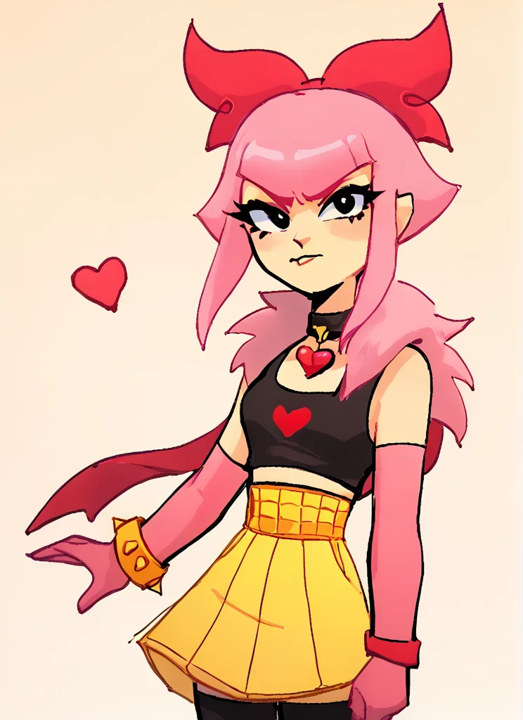 score_9, score_8_up, score_7_up, <lora:bsmelodie:1> bsmelodie , fur trim , 1girl, solo , pink hair, hair bow ,black collar ,neck heart ,black shirt, crop top, bare shoulders, elbow gloves, pink gloves, yellow bracelet , yellow skirt , black thighhighs , looking at viewer, <lora:SyrupyyyArt:1>syrupyyy