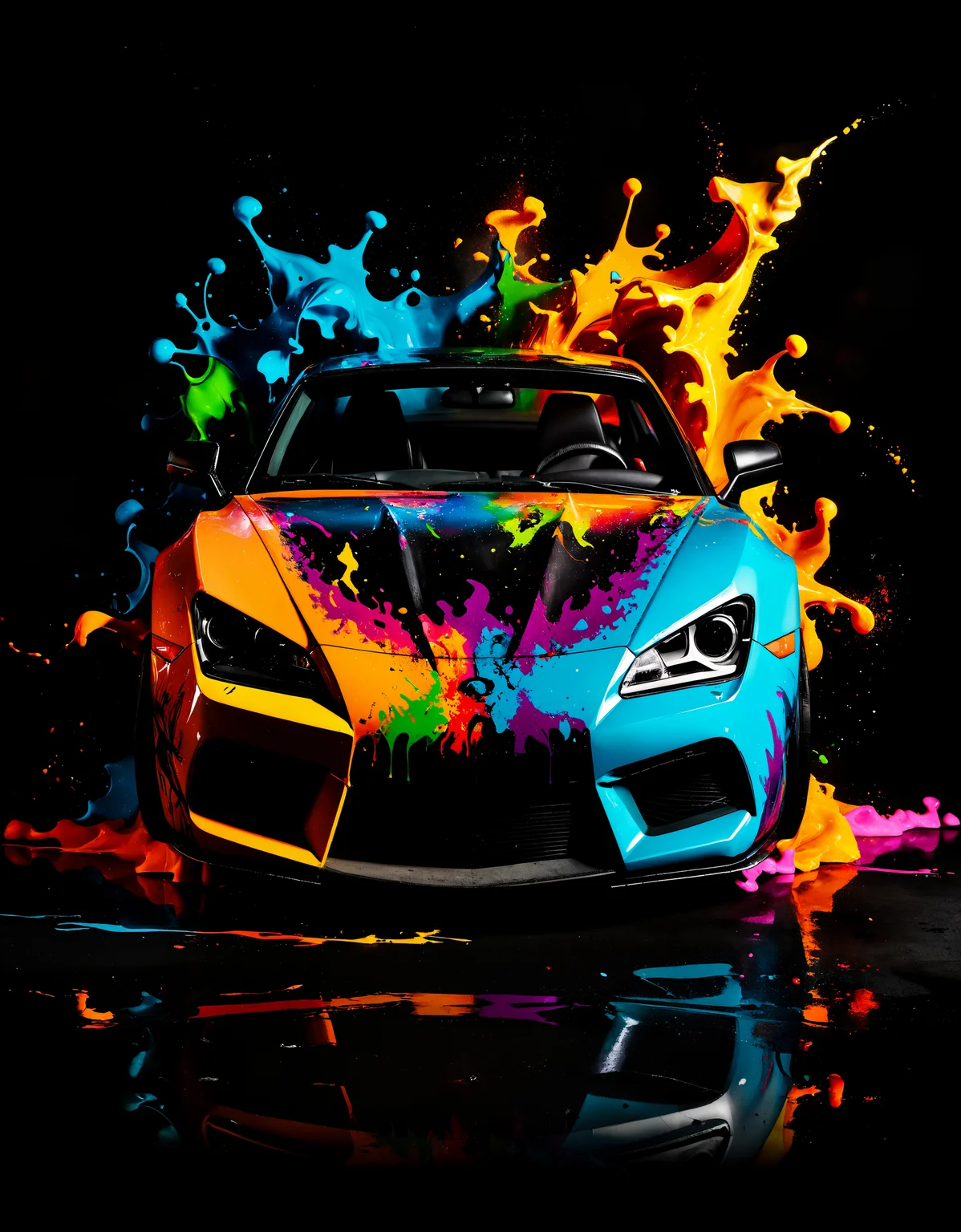 zavy-splsh, paint splash, graffiti style A sport car is surrounded by colorful paint, big fire, liquid wave, Layered style, curved design, black background . street art, vibrant, urban, detailed, tag, mural
