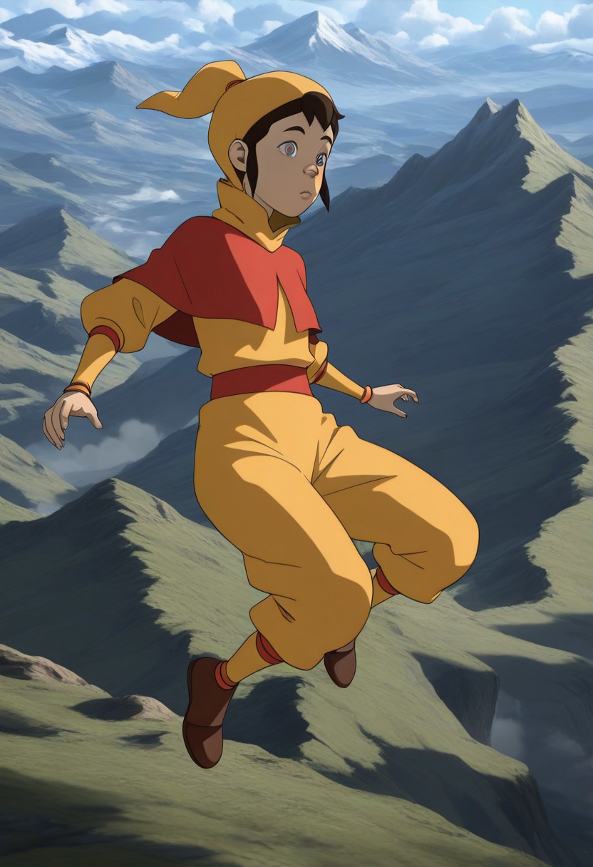 masterpiece, best quality, amazing quality, very aesthetic, high resolution, ultra-detailed, absurdres, 1girl, ikki_sdxl, outfit1, air nomad outfit, brown shoes, yellow jumpsuit, red cropped capelet, high collar, Unreal Engine 5, realistic, floating, midair, landscape, mountain,