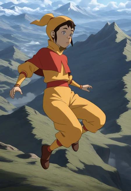 masterpiece, best quality, amazing quality, very aesthetic, high resolution, ultra-detailed, absurdres, 1girl, ikki_sdxl, outfit1, air nomad outfit, brown shoes, yellow jumpsuit, red cropped capelet, high collar, Unreal Engine 5, realistic, floating, midair, landscape, mountain,
